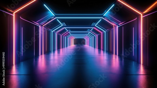 Retro-inspired glowing tunnel with geometric patterns and bright neon lights creating depth and motion