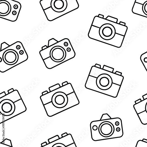 This pattern features small photography cameras arranged in a whimsical design set against a clean white backdrop ideal for creative projects or decor