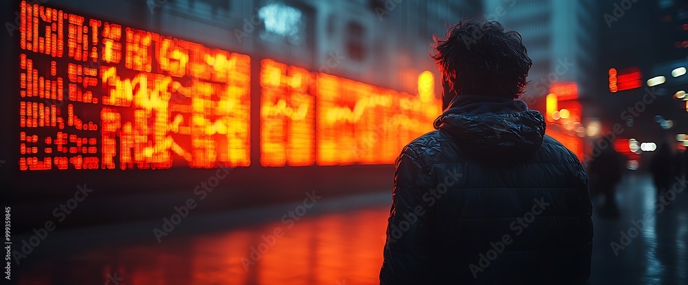 A man in a hooded jacket walks away from a glowing red sign. A man in a hooded jacket walks away from a glowing red sign.
