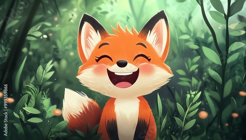 An adorable cartoon fox animal character smiles as happy in a woodland forest, showcasing a cute illustration of wildlife and nature in a fun and cheerful design photo