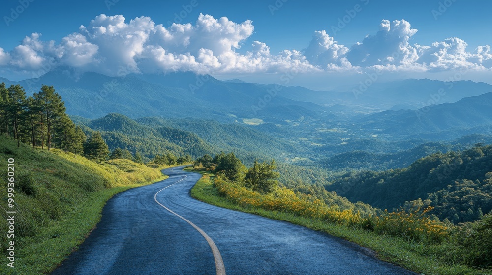 Fototapeta premium Serene Mountain Road Winding Through Lush Greenery