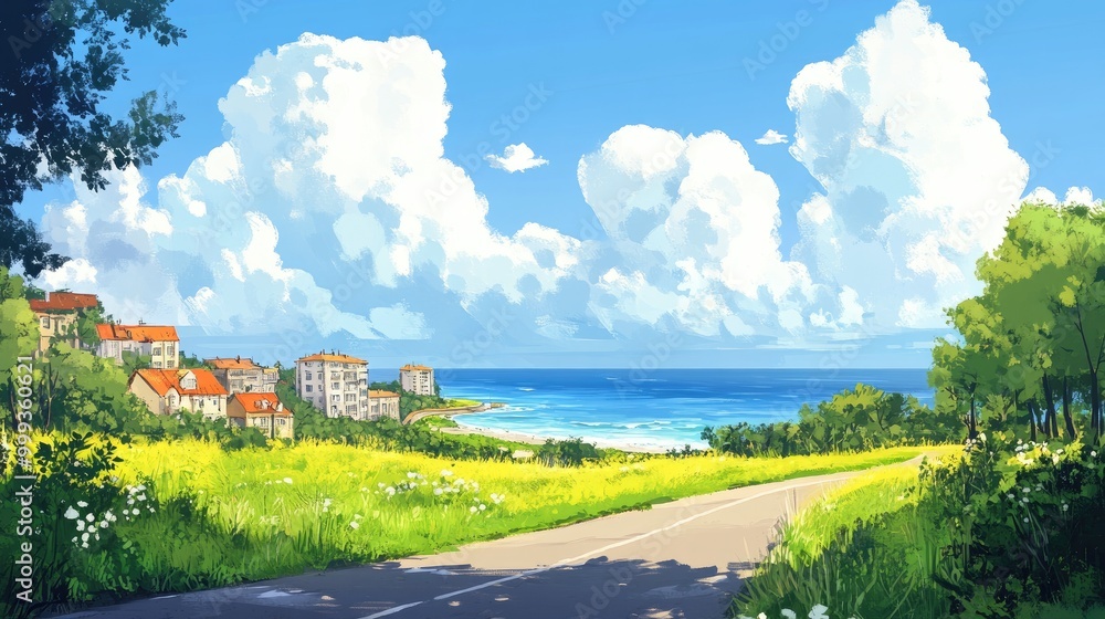 Obraz premium Coastal Road Winding Through a Summery Village Landscape