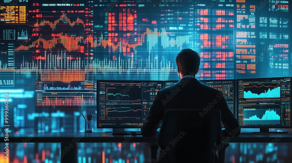 Fototapeta premium Immersed in Market Chaos: A CGI Visualization of a Financial Analyst Confronting Unpredictable Volatility