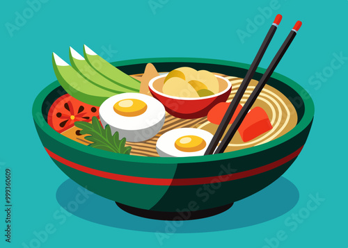 Illustration isolée de vecteur plat de ramen. Bol de soupe chaude avec fruits de mer, œufs, algues et tofu. Assiette et baguettes vertes. Plat traditionnel chinois et japonais.