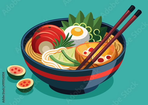 Illustration isolée de vecteur plat de ramen. Bol de soupe chaude avec fruits de mer, œufs, algues et tofu. Assiette et baguettes vertes. Plat traditionnel chinois et japonais.
