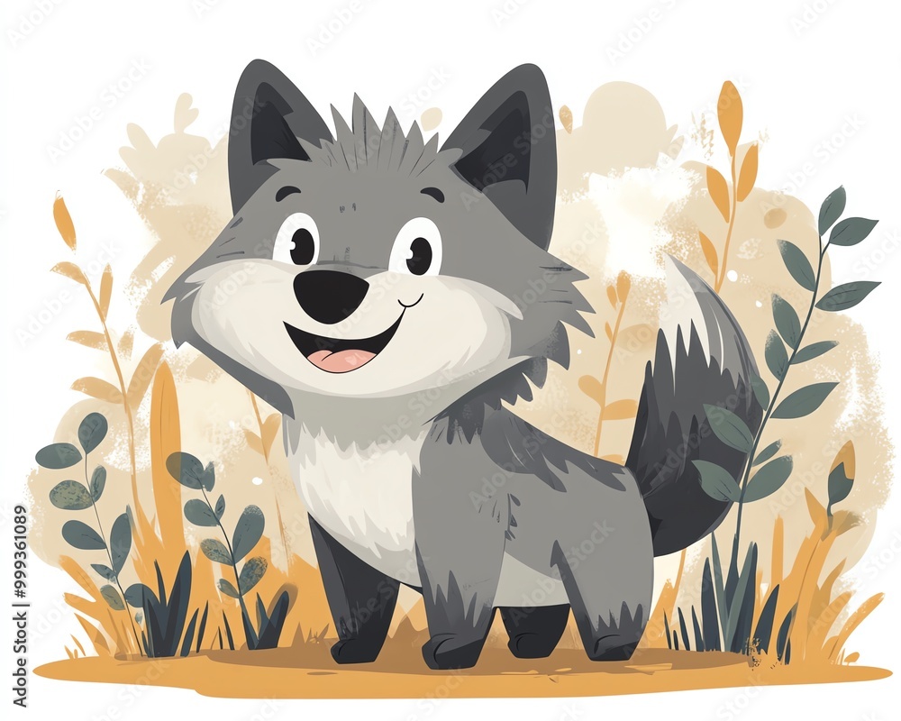 Wolf in woodland happy, cute animal cartoon character, friendly and adorable illustration of wildlife mammal, funny forest predator with smile, graphic art of furry dog Wolf in woodland happy, cute animal cartoon character, friendly and adorable illustration of wildlife mammal, funny forest predator with smile, graphic art of furry dog