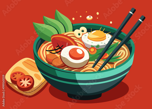 Illustration isolée de vecteur plat de ramen. Bol de soupe chaude avec fruits de mer, œufs, algues et tofu. Assiette et baguettes vertes. Plat traditionnel chinois et japonais.