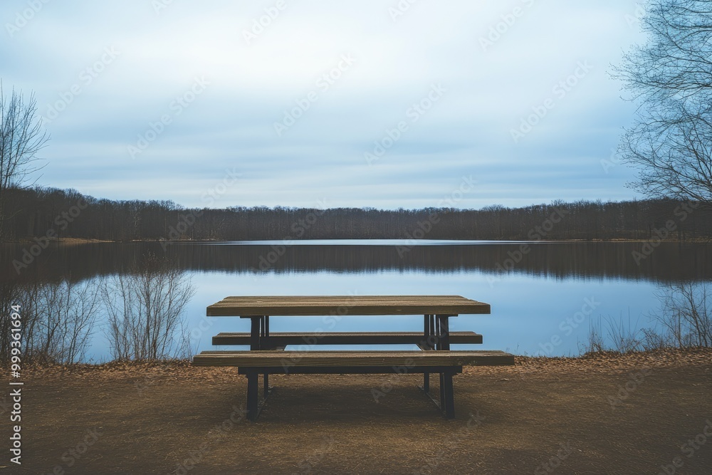 Outdoor Seating Area with Bench and Dining Table Situated Near a Body of Water Under a Tranquil Sky Outdoor Seating Area with Bench and Dining Table Situated Near a Body of Water Under a Tranquil Sky