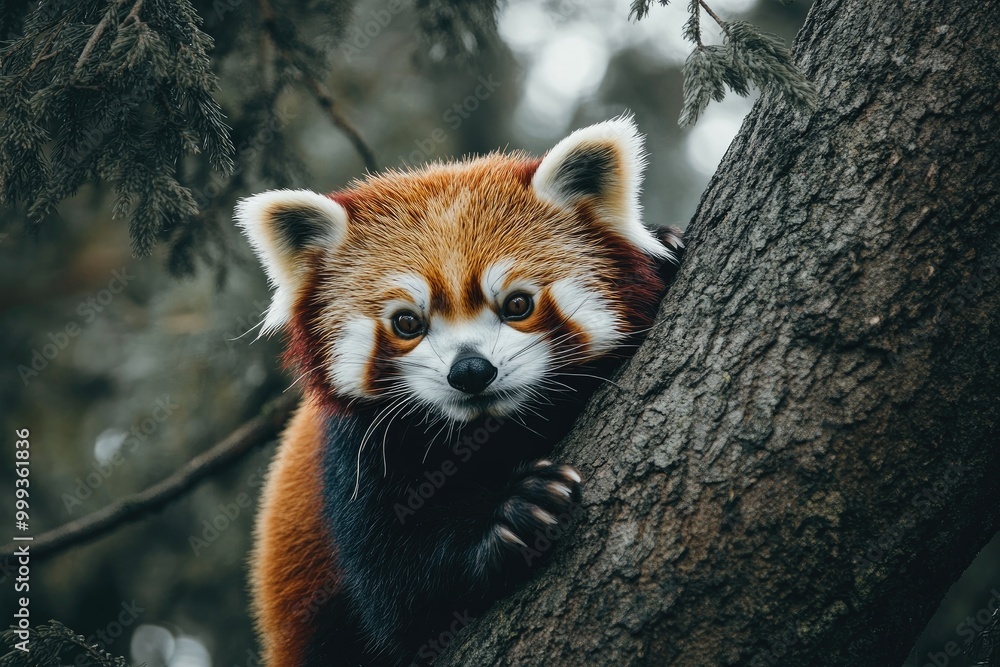 A Red Panda Resting on a Gray Tree Trunk in Its Natural Habitat A Red Panda Resting on a Gray Tree Trunk in Its Natural Habitat