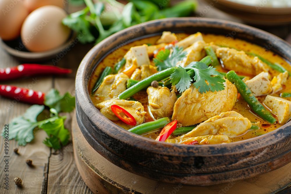 A beautifully presented bowl of Thai curry featuring chicken A beautifully presented bowl of Thai curry featuring chicken