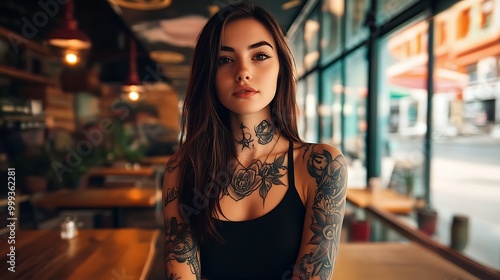 A young woman with tattoos sits at a table in a cafe.