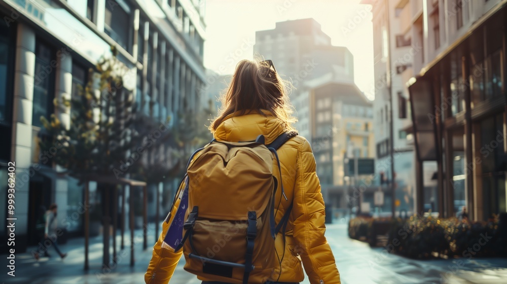 Urban Adventurer: Young Woman Exploring City Streets at Sunrise