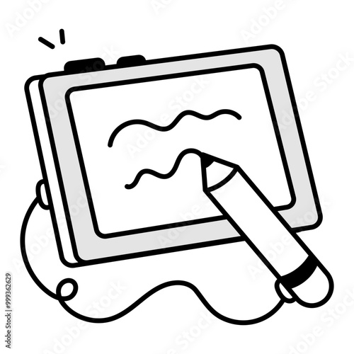 Hand drawn icon of graphic tablet with pen 

