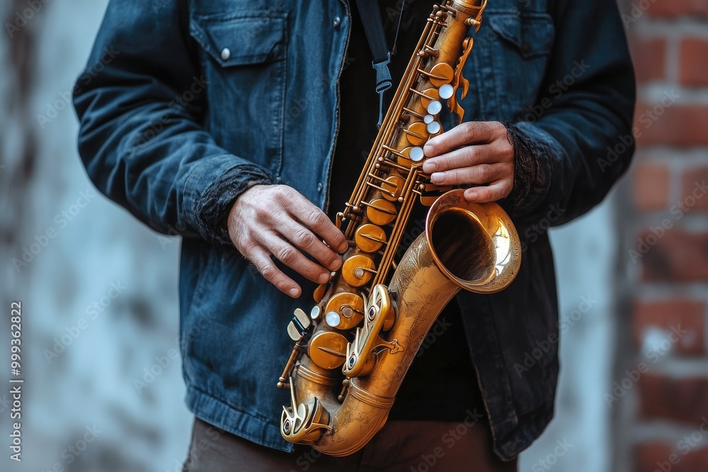 Naklejka premium Man Playing Saxophone with Concrete Brick as Background