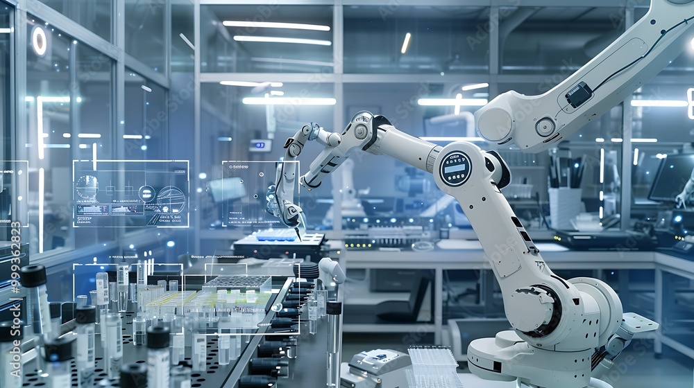 High-tech automated lab with robots and digital interfaces managing operations High-tech automated lab with robots and digital interfaces managing operations