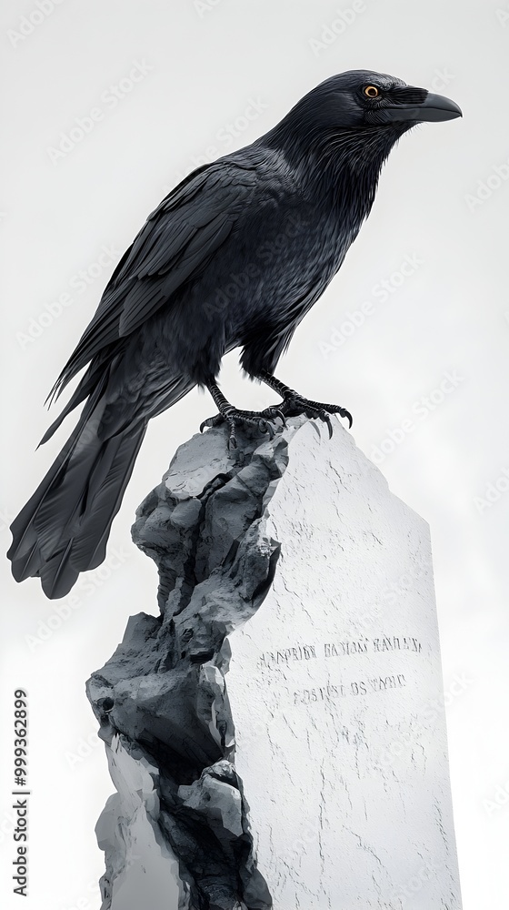 Fototapeta premium Eerie Raven Perched on Fractured Gravestone in Stark Monochrome Contrast