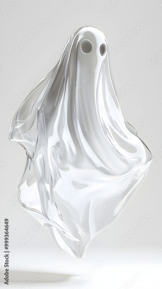 Ethereal Ghost Floating Gracefully Through Glowing Reflective Mirror on White Background Ethereal Ghost Floating Gracefully Through Glowing Reflective Mirror on White Background