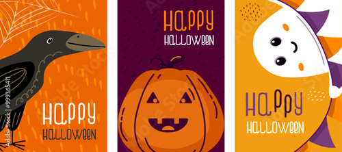Happy Halloween banner set. Card with crow, evil pumpkin, funny ghost. Evil Jack-o-lantern, ghost with bunting, raven on the orange background of the spider web