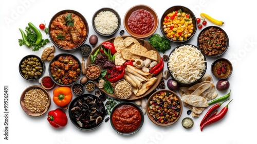 Vibrant assortment of global cuisines featuring grains, sauces, vegetables, and spices arranged on a clean backdrop.