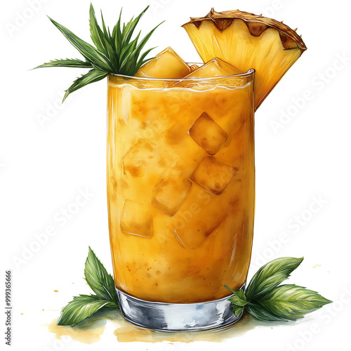 Watercolor Pina Colada Clipart illustration, Pineapple fruit, Cool summer drink with ice in a glass isolated on a transparent background. png
