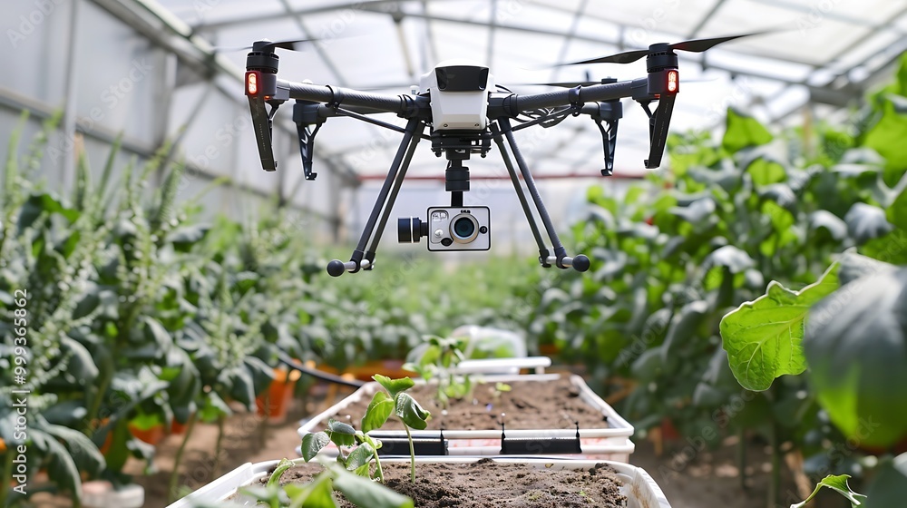 High-tech urban farming system with drones monitoring crops High-tech urban farming system with drones monitoring crops