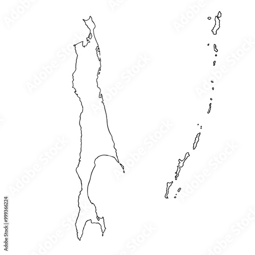 Sakhalin Oblast Russia, Subjects of the Russian Federation, Oblasts of Russia map vector line art illustration, scribble sketch Sakhalin and the Kuril Islands map isolated on white, contour style