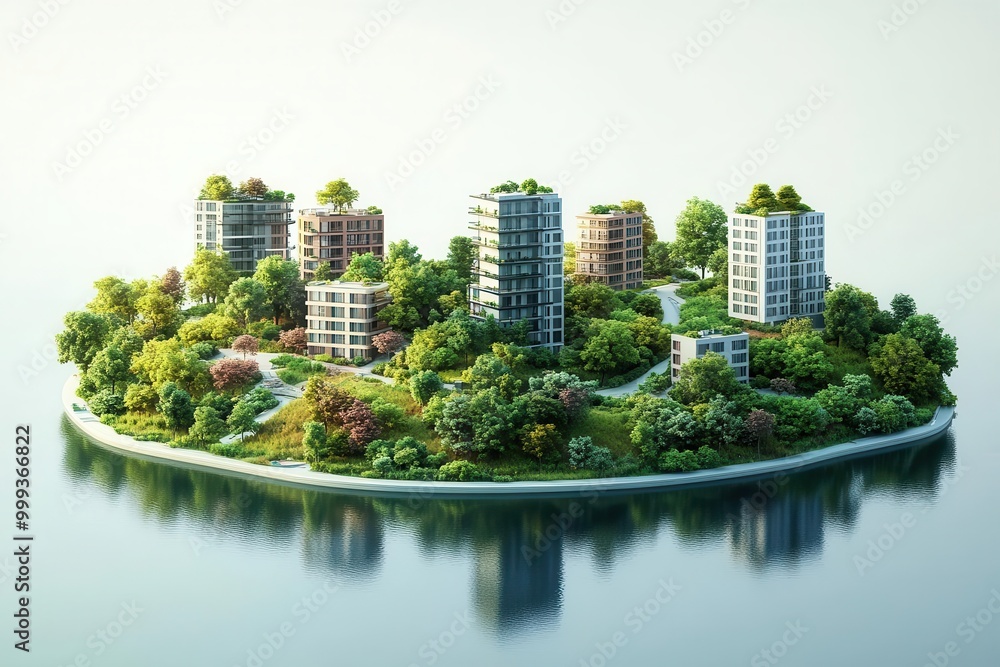 Fototapeta premium A serene island featuring modern buildings surrounded by lush greenery and a reflective waterbody, depicting nature and urban design.