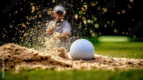 A golfer hitting a sand shot, with sand flying around the ball on a sunny day.