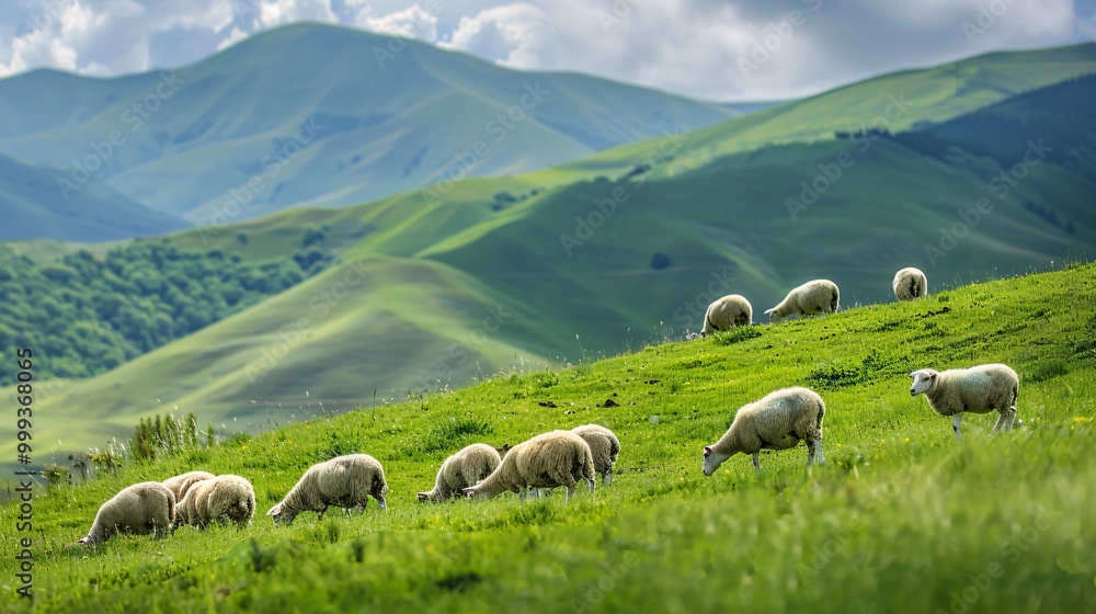 Obraz premium A group of sheep grazed calmly on the verdant slope.