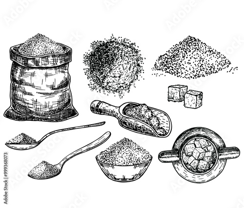 Sugar set with sugar in various containers, crystals and cubes. Ingredient for coffee, tea. Sugar in a sugar bowl, bag, spoon. Hand drawn sketch