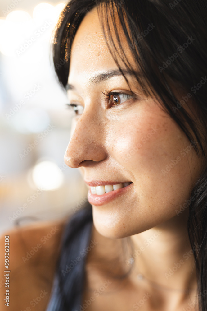 Enjoying time with diverse friends, smiling woman looking away, at home Enjoying time with diverse friends, smiling woman looking away, at home