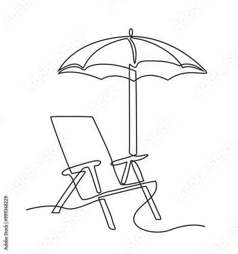 One line vacation icon beach sunbed with umbrella, wooden deck chair. Summertime relax