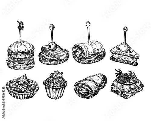 Finger food sketch. Tapas drawings illustration. Tapas and canapes sketch set. Food appetizer and snack sketch. Canapes, bruschetta, sandwich drawing for buffet, restaurant, catering service