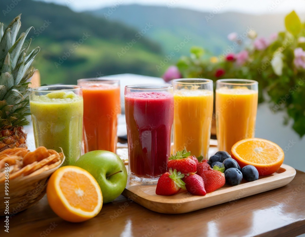 Invigorating breakfast juices with depth of field highlighting fresh fruits and nutrient-rich blends Invigorating breakfast juices with depth of field highlighting fresh fruits and nutrient-rich blends