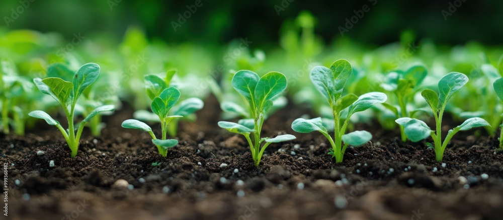 Fresh green seedlings growing in rich soil in a garden. Fresh green seedlings growing in rich soil in a garden.