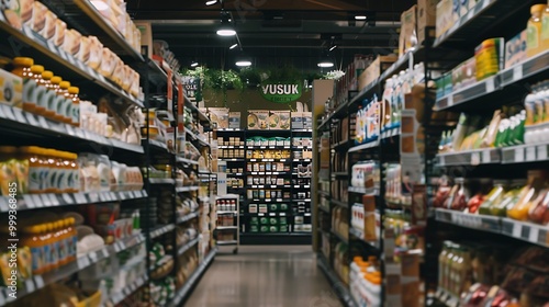 A grocery store aisle filled with various food products and beverages.