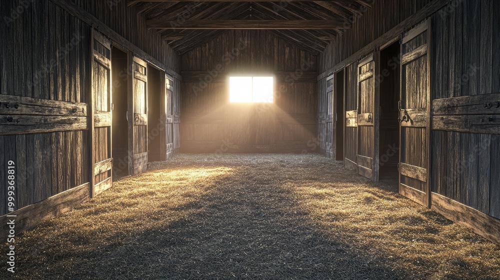 Sunlight Illuminated Empty Stable Viewed from Inside with Warm Natural Light Creating a Serene and Tranquil Atmosphere, Captured from a Worm's Eye Perspective in a Realistic Style. Sunlight Illuminated Empty Stable Viewed from Inside with Warm Natural Light Creating a Serene and Tranquil Atmosphere, Captured from a Worm's Eye Perspective in a Realistic Style.
