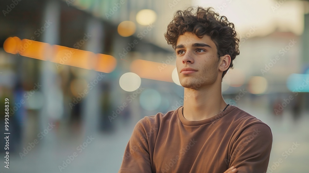 Fototapeta premium Thoughtful Young Man Posing Outdoors in Urban Setting, Evening Portrait of Casual Style