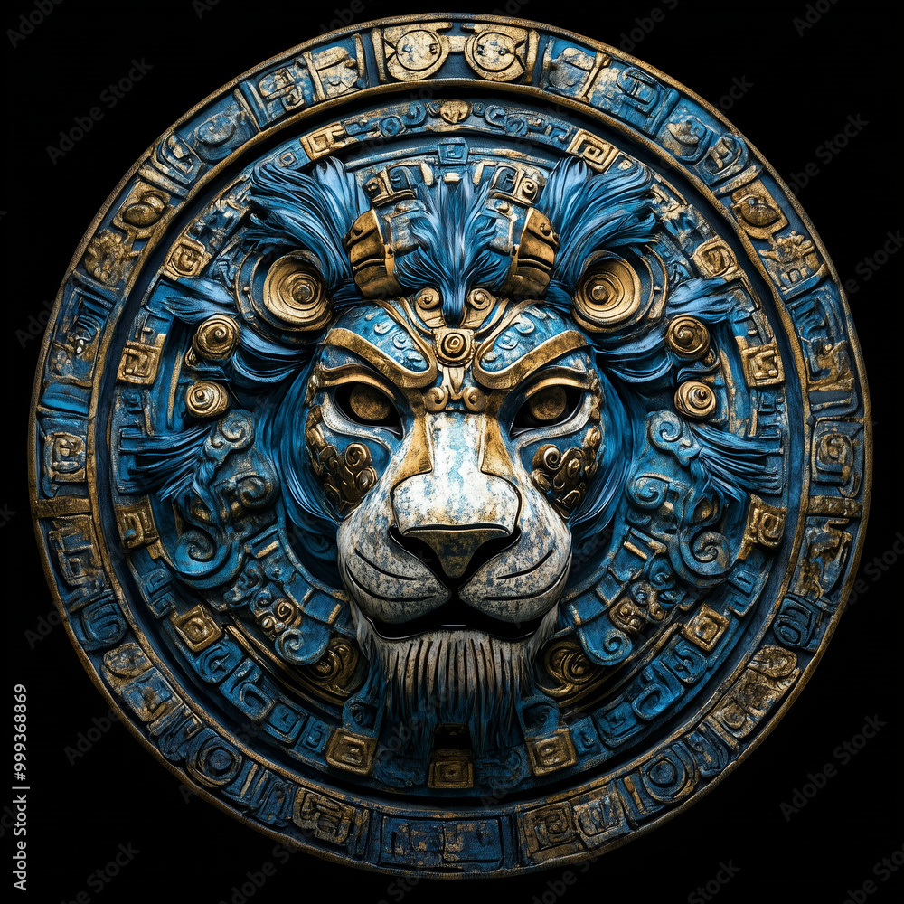 Illustration, Mayan Art depicting a lion, facing the camera, blue and gold, ornate, intricate Illustration, Mayan Art depicting a lion, facing the camera, blue and gold, ornate, intricate