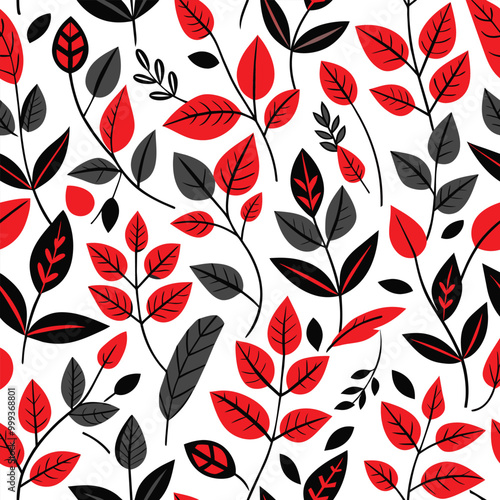 A seamless design featuring intertwining red and black leaves on a bright white backdrop ideal for textiles wallpapers and creative projects