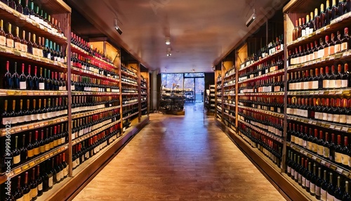 shelves in warehouse, rows of bottles in a bar, interior of the church of the holy sepulchre, shopping in supermarket, Wine wooden table background. Blurred wine shop with bottles. 