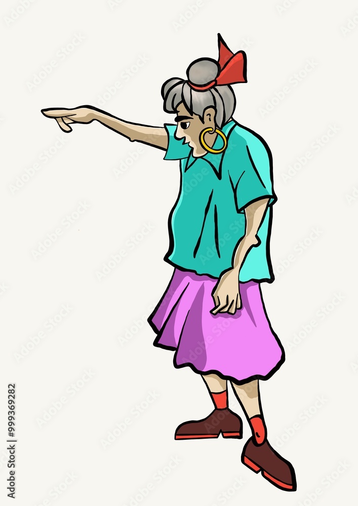 Cartoon illustration of an old woman pointing to the side with her finger Cartoon illustration of an old woman pointing to the side with her finger