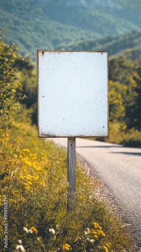 An empty signboard on a roadside with nature in the background.