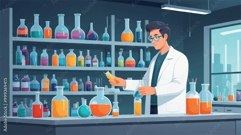 Cartoon Laboratory with a Bottle of Liquid and Playful Science Equipment Cartoon Laboratory with a Bottle of Liquid and Playful Science Equipment