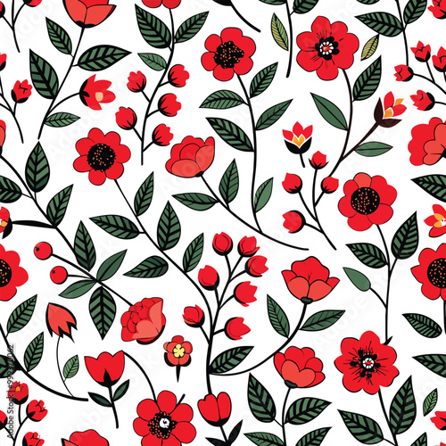 A seamless pattern showcases a mix of bright red flowers and dark black leaves perfect for textiles wrapping paper or decorative designs