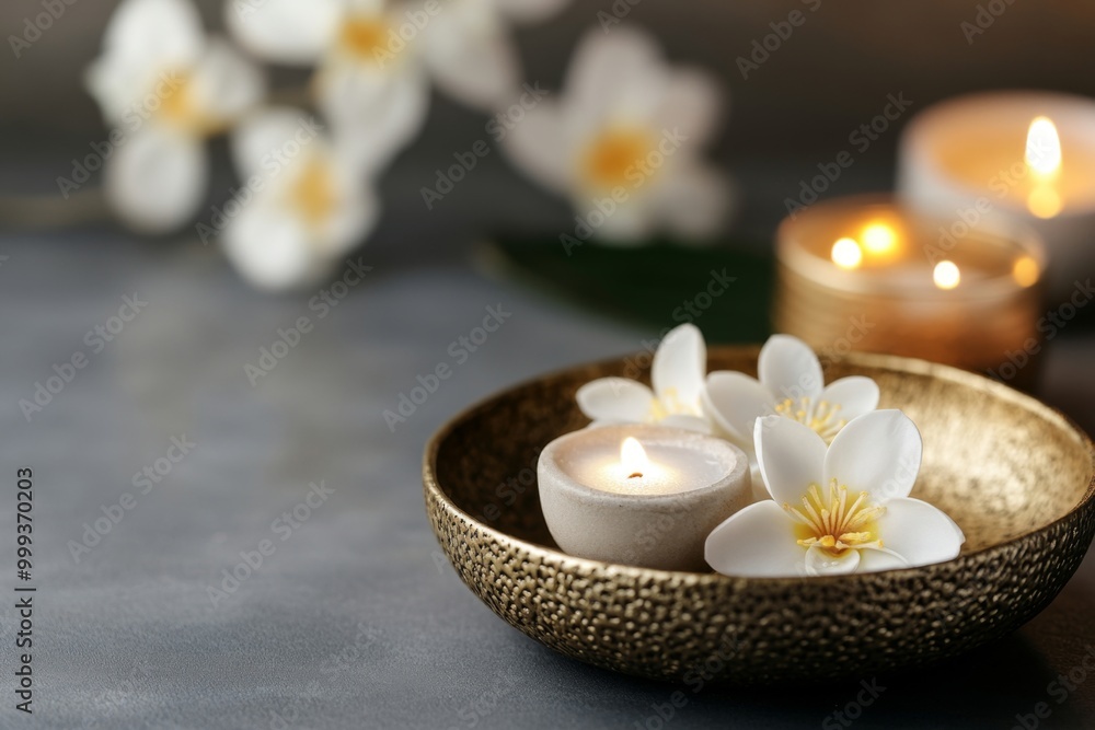 Tranquil Spa Scene with Floating Candles and White Flowers in a Golden Bowl Tranquil Spa Scene with Floating Candles and White Flowers in a Golden Bowl