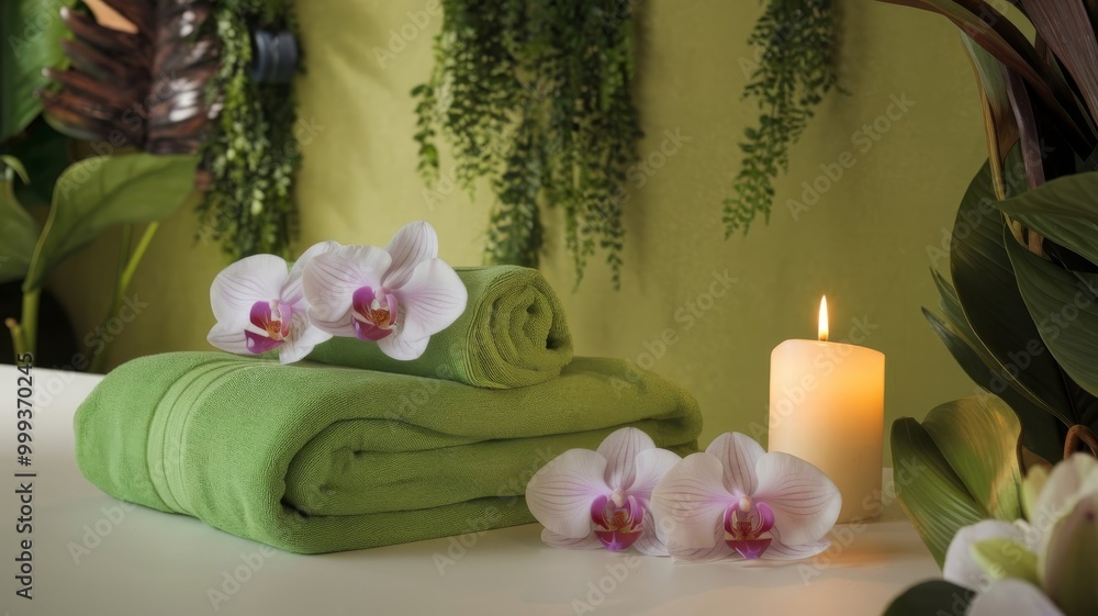Serene spa setting with green accents, soft towels, a lit candle, and orchid flowers Serene spa setting with green accents, soft towels, a lit candle, and orchid flowers