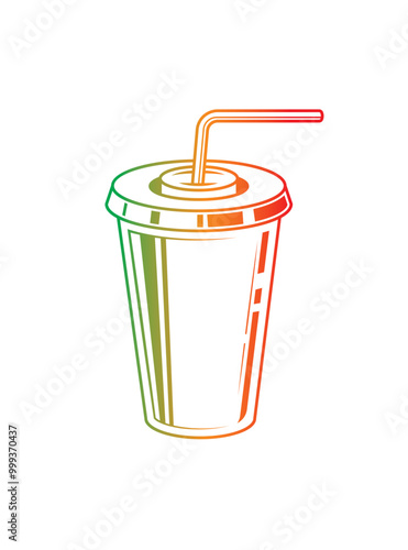 Fast food plastic cup with straw. Hot or cold drink. Original vector illustration in vintage style.