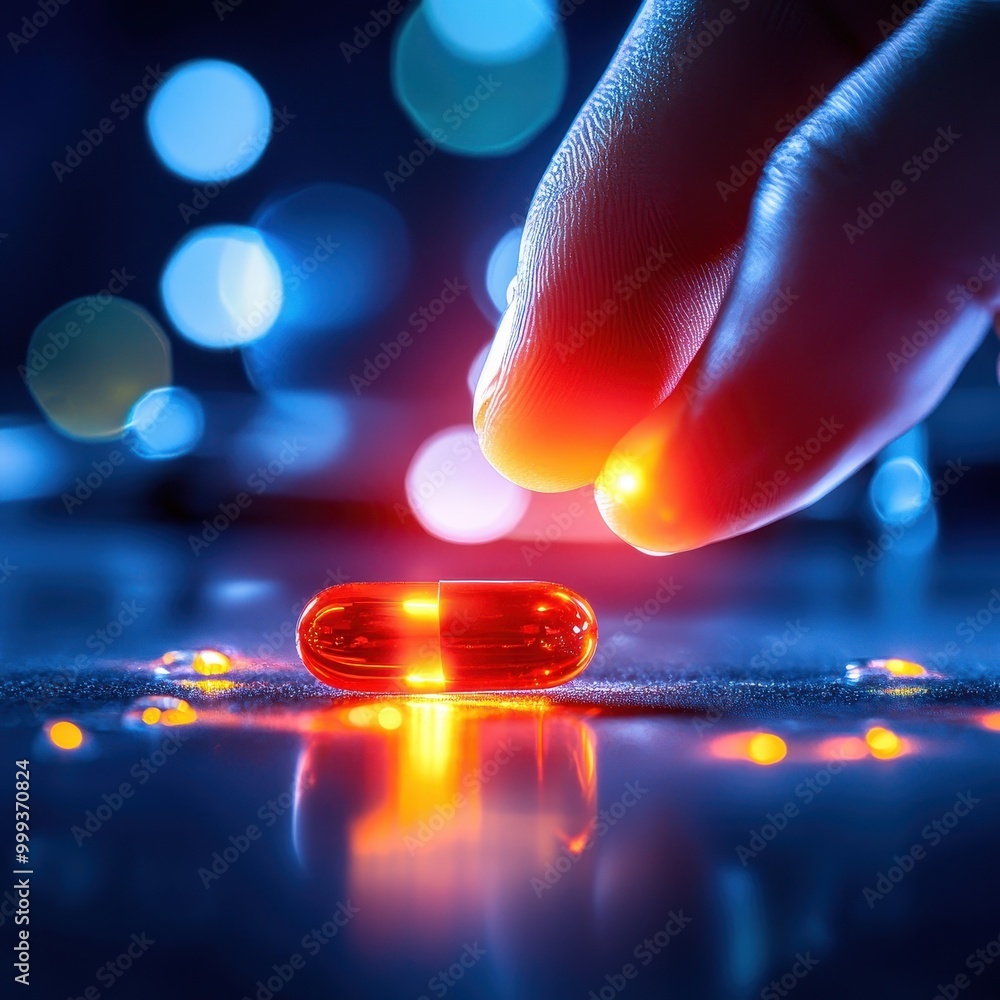 Hand picking a vibrant red capsule pill against a blurred colorful background. Hand picking a vibrant red capsule pill against a blurred colorful background.