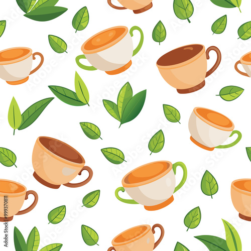 Delightful pattern displaying charming little tea cups and vibrant tea leaves ideal for tea themed designs or culinary artwork applications.